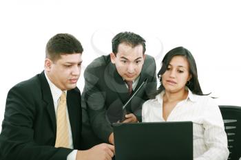 business team looking shocked and worried when looking at the laptop computer on the table 

