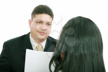 Business coaching concept. Young woman being interviewed for a job. 
