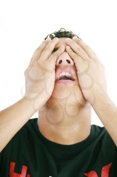 desperate teenage boy on white background 
