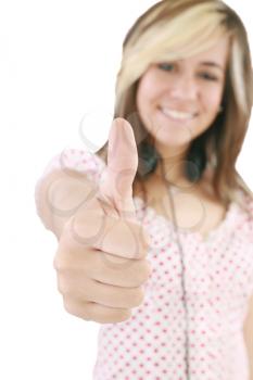Isolated portrait of beautiful young success woman giving thumbs up on white background. Focus on hands