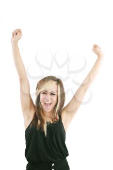 Success / winner business woman isolated. Funny image of celebrating happy young businesswoman with her arms up. 