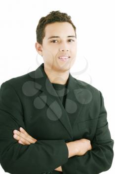 Young smiling latin man looking at camera isolated on white background 

