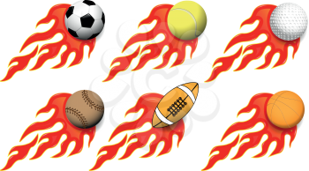 illustration of various sports balls on fire