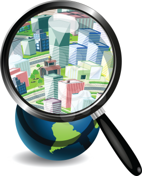Royalty Free Clipart Image of Building Through a Magnifying Glass Looking at a Globe