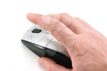 Hand of a man clicking a mouse button, top view, isolated on white, focus on the finger