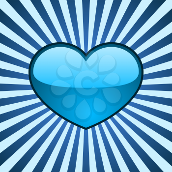 Vector background with glossy blue heart over radial stripes.