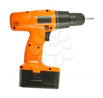 Cordless orange drill with black battery isolated on white background