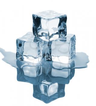 Three ice cubes with reflection isolated on white background