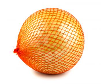 Pomelo fruit wrapped in red plastic reticle isolated on white background