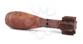 Rusty mortar shell isolated on white background
