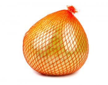 Wrapped in plastic reticle ripe pomelo isolated on white background