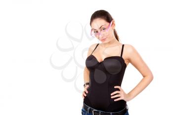 Pretty young girl in black corset with glasses isolated on white
