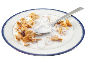 cereal and milk in a plate on white background