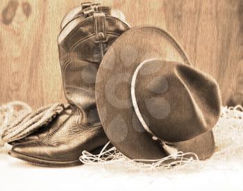 old style picture of cowboy boots and hat