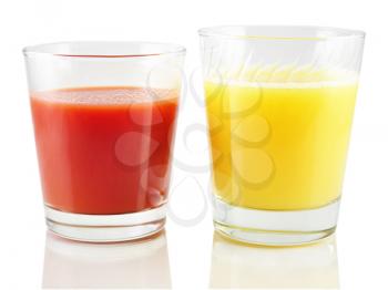 tomato and orange juice on white background