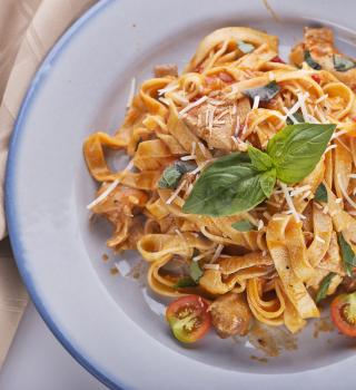 Fettuccine Pasta with Chicken and Vegetables,top view