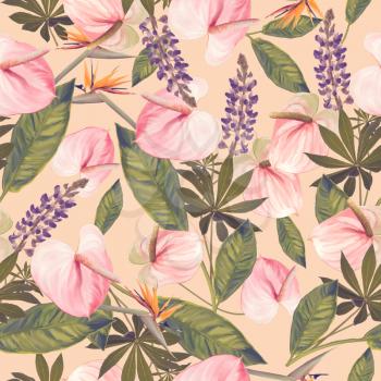 seamless  pattern with  flowers and leaves. Endless texture for your design.