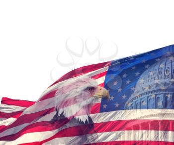 The United States Capitol, American Flag and Bald Eagle on white background