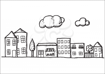 Hand drawn doodle town. Black pen objects drawing. Design illustration for poster, flyer over white background.