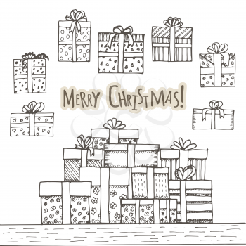 Hand drawn gifts set with bows in cartoon style. Doodle seamless illustration with different presents.
