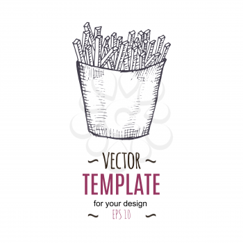 Vector vintage French fries drawing. Hand drawn monochrome fast food illustration. Great for menu, poster or label.