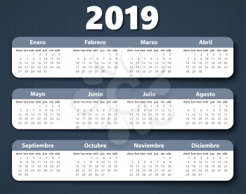 Calendar 2018 year vector design template in Spanish, Week starting on Sunday. EPS