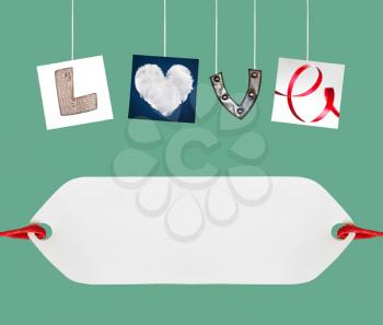 Love word made of four different objects, valentine's day concept, free space for your text, isolated on green