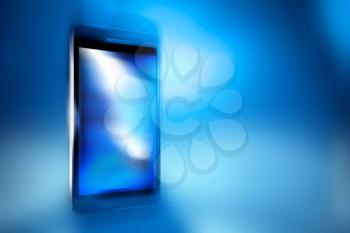 Black smart phone on blue defocus background, concept, template design