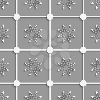 Abstract 3d seamless background. White dots and flowers cut out o paper with shadow on gray background.

