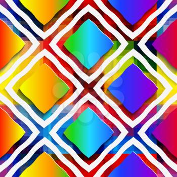 Abstract 3d geometrical seamless background. Rainbow colored rectangles and rim on rainbow background with cut out of paper effect.

