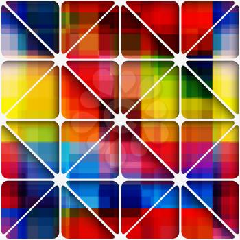 Abstract 3d geometrical seamless background. Colorful overplayed rectangles create blurred rainbow pixel background layered net with cut out of paper effect.

