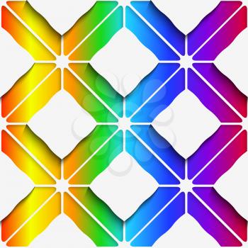 Abstract 3d geometrical seamless background. White rectangles and white ornament with cut out of paper effect on rainbow colored background.

