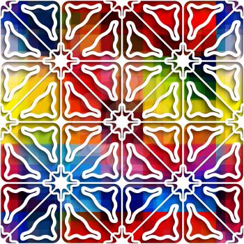 Abstract 3d geometrical seamless background. White triangle ornament on rainbow background with cut out of paper effect.

