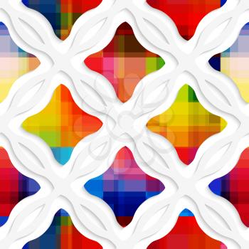 Abstract 3d geometrical seamless background. White wavy rectangles with rainbow and white net with cut out of paper effect.
