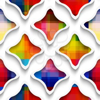 Abstract 3d geometrical seamless background. White wavy rectangles with rainbow on white with cut out of paper effect. 
