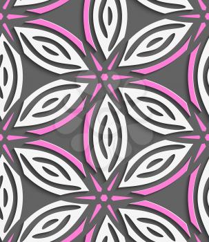 Abstract 3d geometrical seamless background. White geometrical flowers with pink stars on gray with cut out of paper effect.
