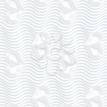 Quilling paper wavy lines and hearts with rim.White geometric background. Seamless pattern. 3d cut out of paper effect with realistic shadow.