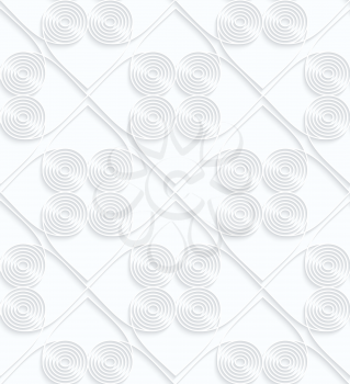 Quilling white paper circles with offset inside squares.White geometric background. Seamless pattern. 3d cut out of paper effect with realistic shadow.