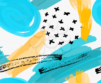 Abstract blue marker circles and yellow brush strokes.Hand drawn with paint brush seamless background.Modern hipster style design.