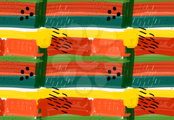 Abstract green red and yellow stripes and black marks.Hand drawn with paint brush seamless background.Modern hipster style design.