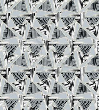 Triangles striped with black on gray.Hand drawn with ink seamless background.Creative handmade repainting design for fabric or textile.Geometric pattern with triangles.Vintage retro colors