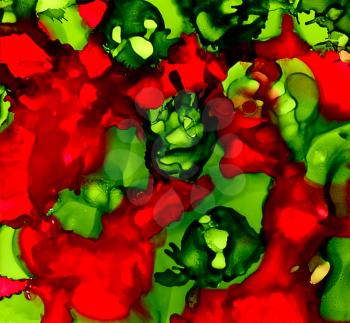 Abstract paint red green merging uneven.Colorful background hand drawn with bright inks and watercolor paints. Color splashes and splatters create uneven artistic modern design.