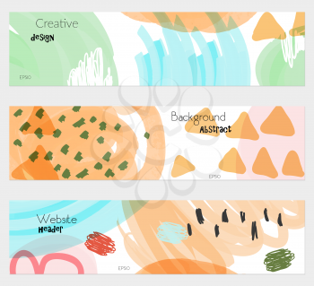 Doodled triangles scribbles white orange banner set.Hand drawn textures creative abstract design. Website header social media advertisement sale brochure templates. Isolated on layer