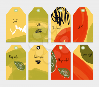 Seasonal with sketched leaf yellow red tag set.Creative universal gift tags.Hand drawn textures.Ethic tribal design.Ready to print sale labels Isolated on layer.