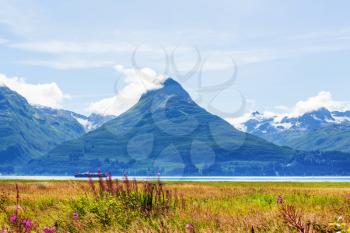 Picturesque Mountains of Alaska in summer. Snow covered massifs, glaciers and rocky peaks.