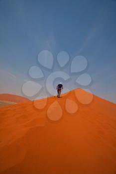 Hiker among sand dunes in the desert