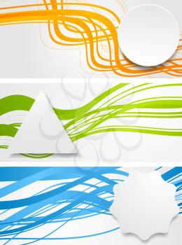 Abstract wavy banners with geometric labels. Vector design
