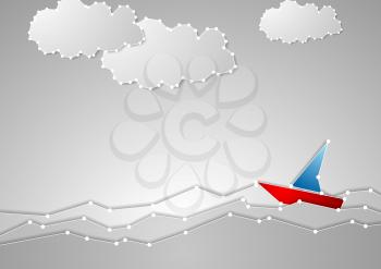 Bright sailboat on grey seascape. Tech schematic style. Vector background