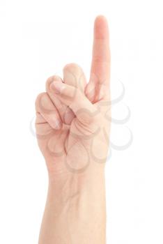 Male hand isolated on white background showing one finger