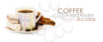 Coffee cup with sweets an cinnamon on white background